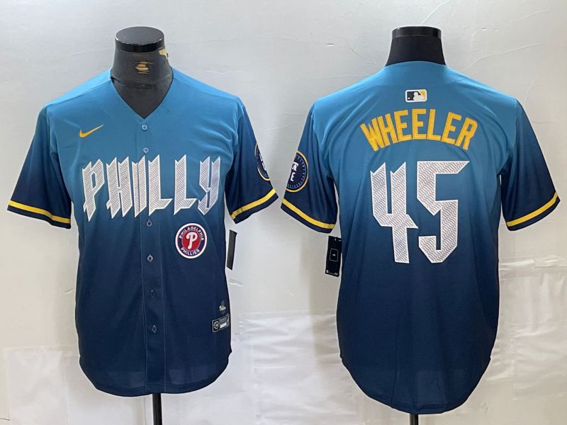 Men Philadelphia Phillies 45 Wheeler Blue City Edition Nike 2024 MLB Jersey style 5